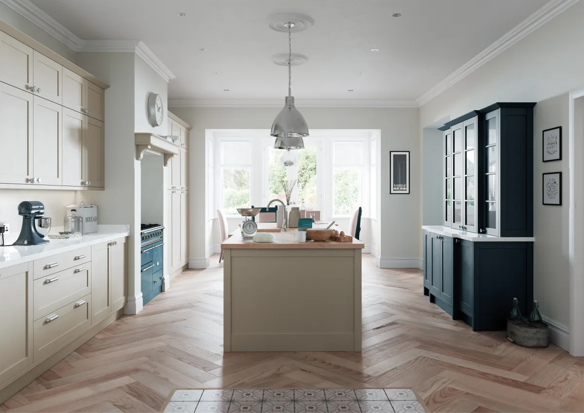 Skinny shaker-style kitchen painted marine blue and stone