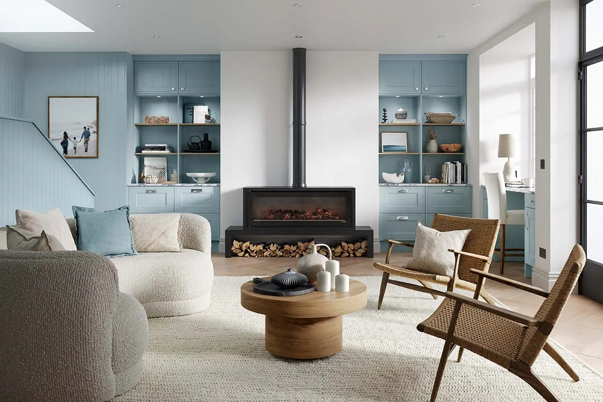 shaker-style living area painted pantry blue