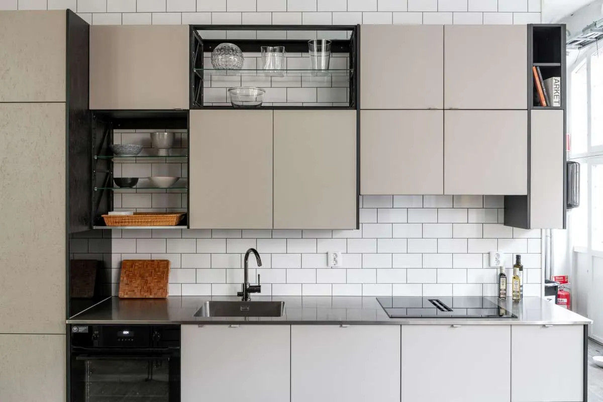 Modern sustainable kitchen for chefs showing use of complementary materials