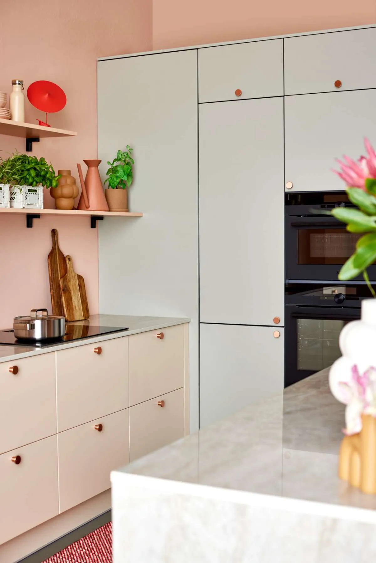 Modern style colourful kitchen showing tall units