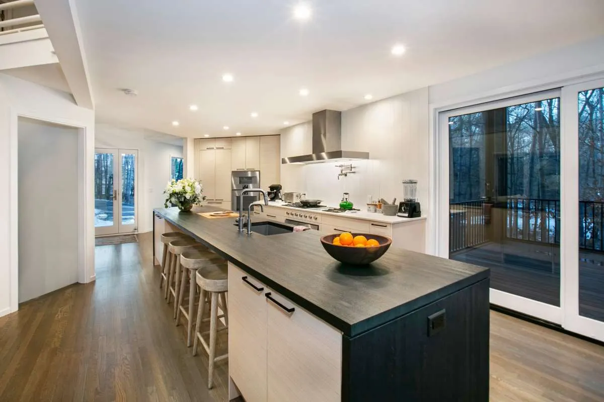 Scandi style kitchen showing large island with Wenge solid wood worktop