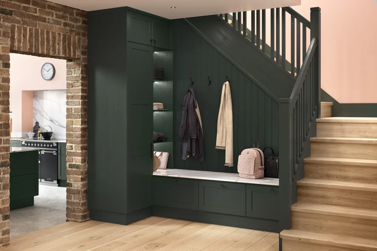 Slim frame shaker-style cloak room painted heritage green