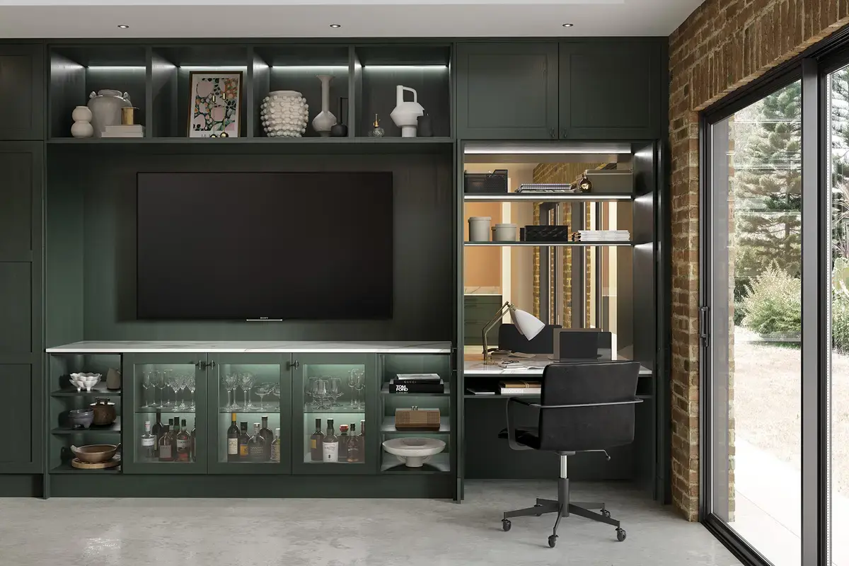 Slim frame shaker-style media unit with integrated workspace