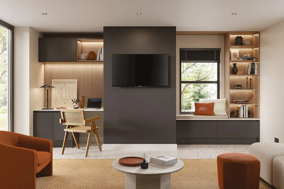 True handleless media area and home workspace in graphite and parched oak