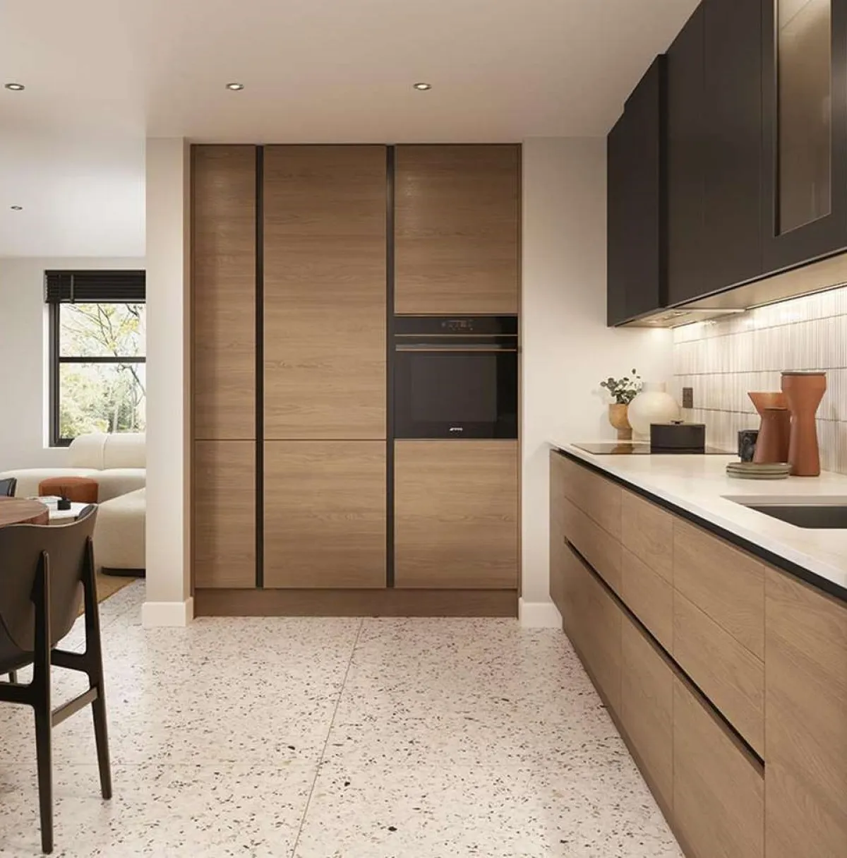 True handleless kitchen larder units in parched oak