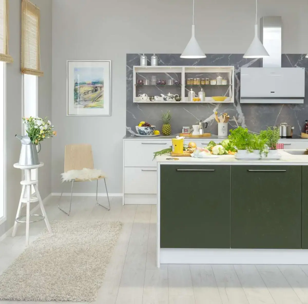 Sustainable kitchen painted green and white with grey ceramic splashback