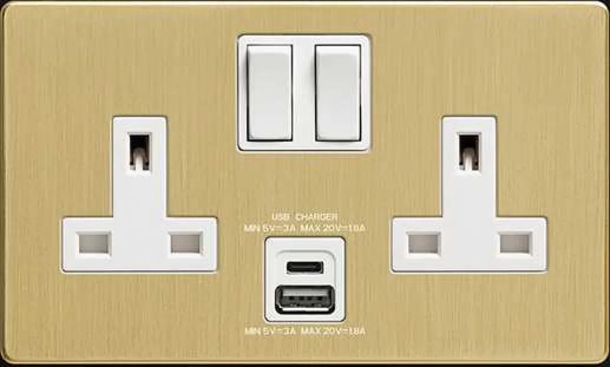 Gold double socket with USB and USB-C with white inserts