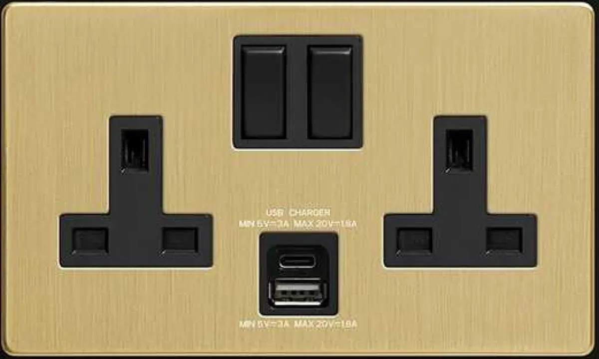 Gold double socket with USB and USB-C with black inserts