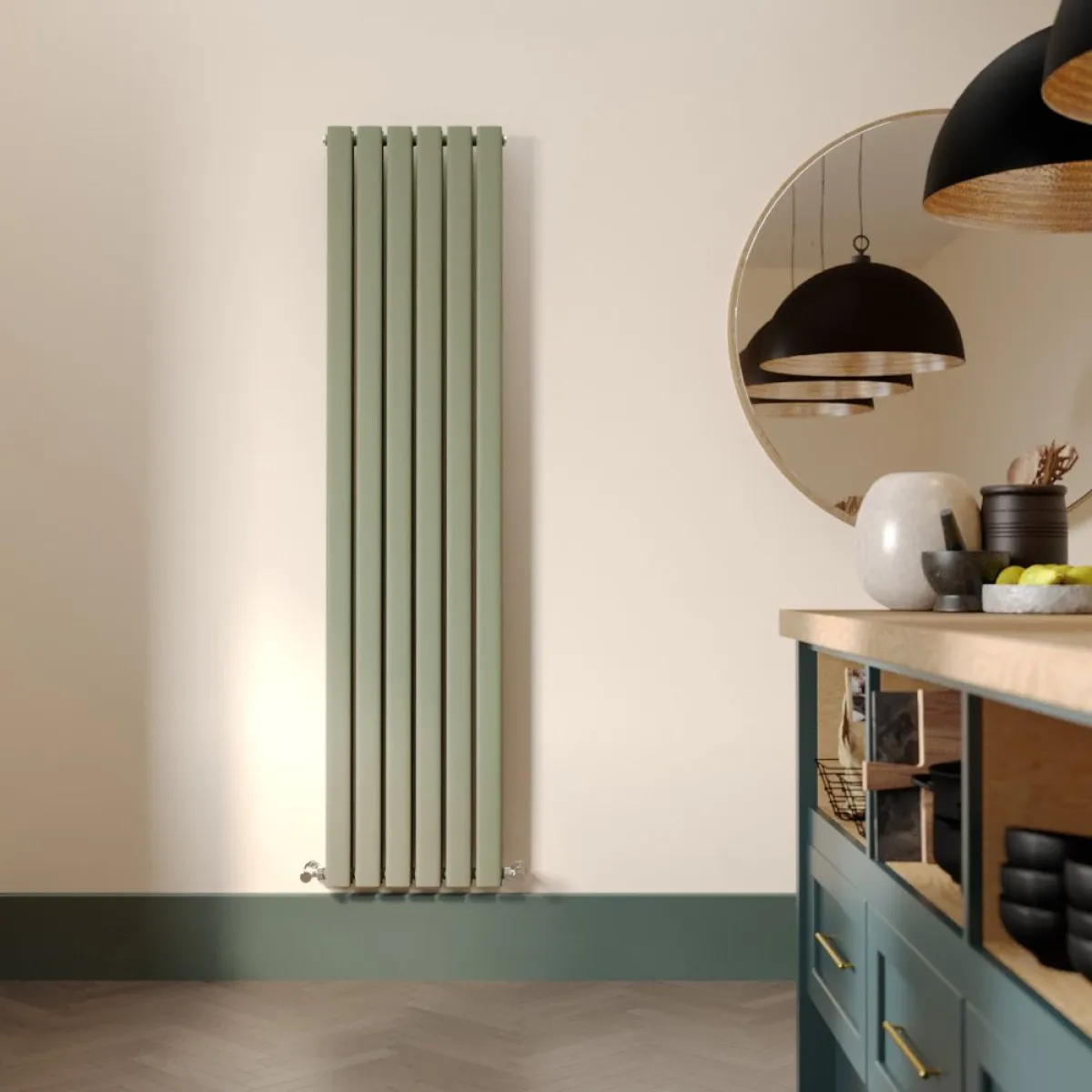 Milano Alpha Vertical Double Radiator in Sage Green - Shown fitted