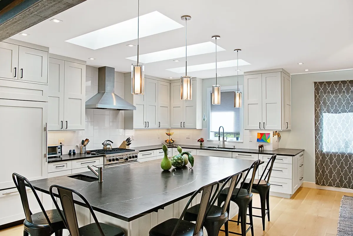 Natural kitchen lighting provided by skylights