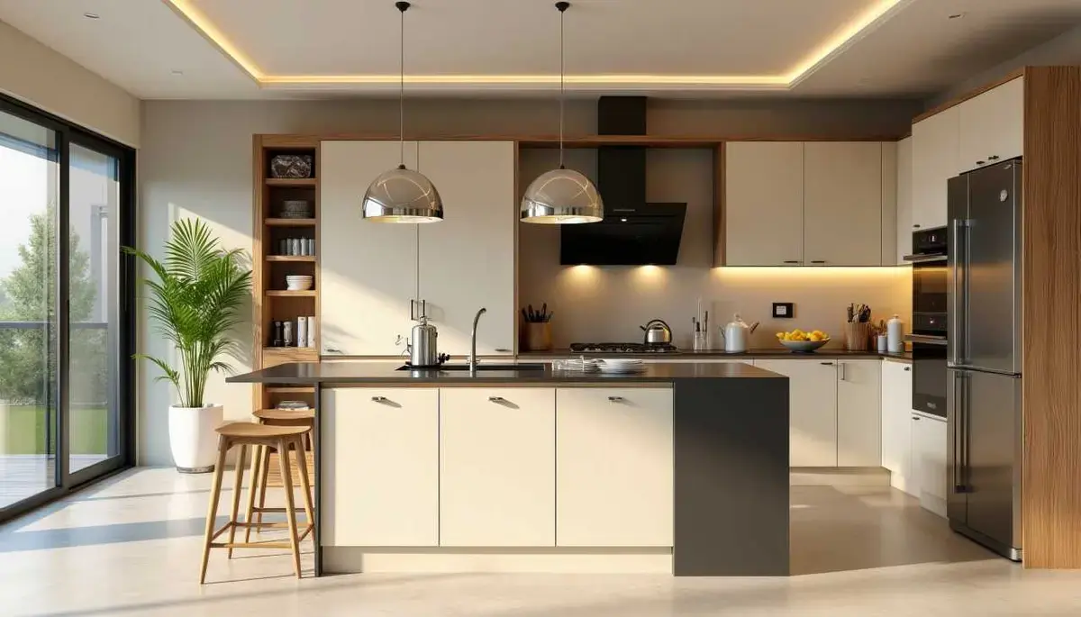 modern sand beige and dijon walnut kitchen