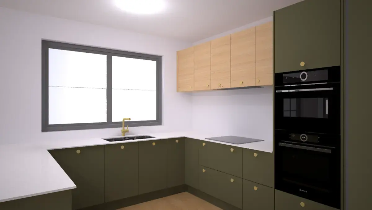 holybourne kitchen design illustration V4.1 showing sustique engineered cabinetry in agave green and vicenza oak
