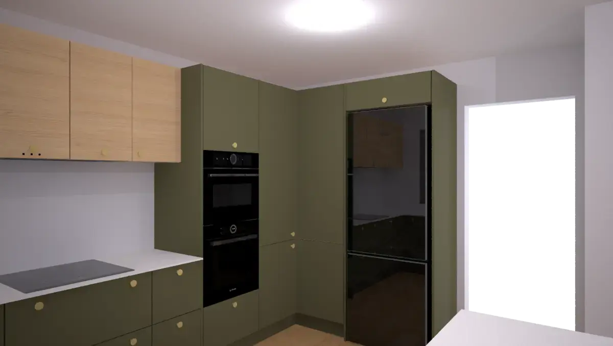 holybourne kitchen design illustration showing tall corner larder and enclosed 70cm wide freestanding fridge freezer