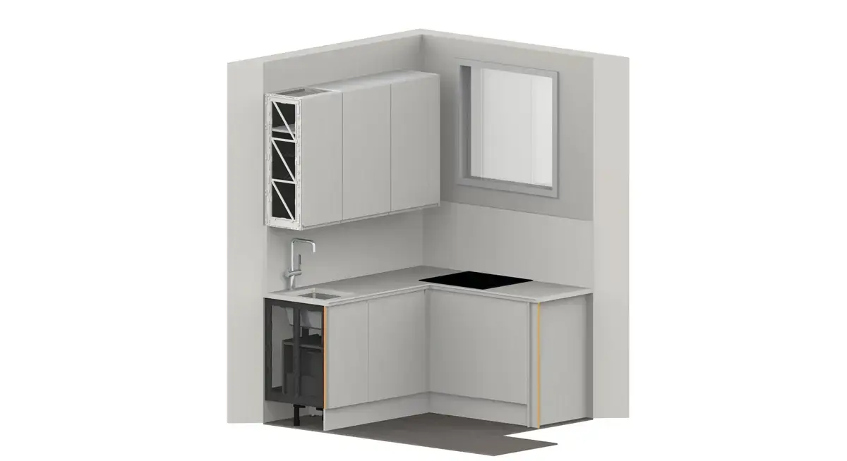illustration of kitchen design for studio flat showing base and wall units